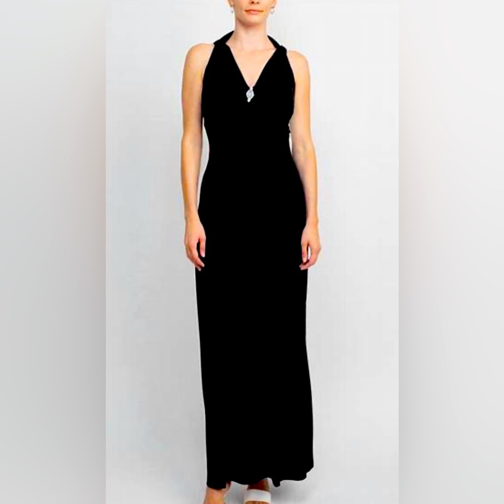 connected apparel Black Halter Maxi Dress with V-Neck